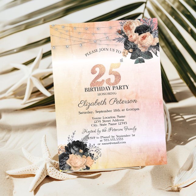Chic Orange Roses String Lights 25th Birthday Invitation (Creator Uploaded)