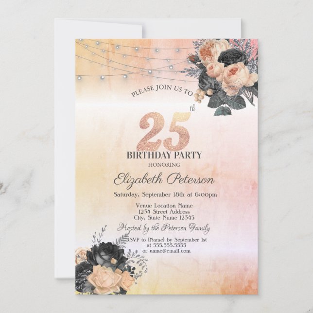 Chic Orange Roses String Lights 25th Birthday Invitation (Front)