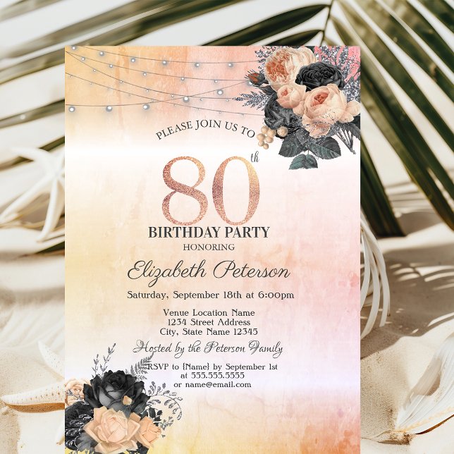 Chic Orange Roses String Lights 80th Birthday Invitation (Creator Uploaded)