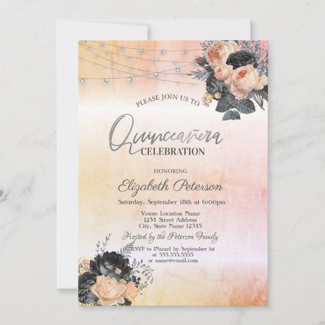 Chic Orange Roses String Lights Quinceanera Invitation (Front)