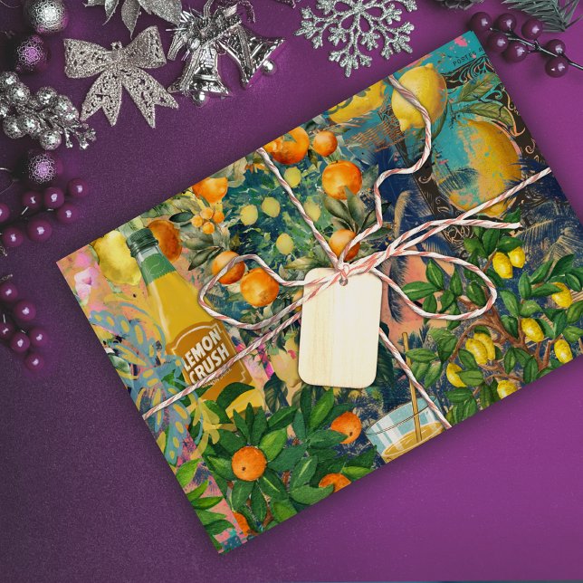 Chic orange sicilian citrus collage floral tiles  wrapping paper (Creator Uploaded)