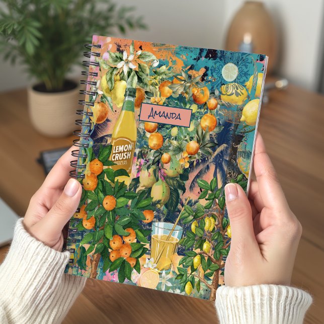 Chic Orange Sicilian Floral Tile Citrus Collage Notebook (Creator Uploaded)