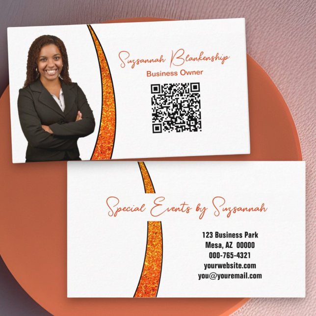 Chic Orange Slice Glitter Custom Photo QR Code Business Card (business card front and back with qr code)