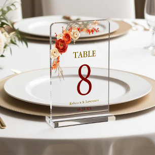 Chic orange terracotta floral wedding table number acrylic sign