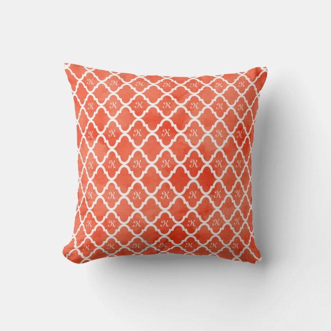 Chic Orange Watercolor Quatrefoil Monogram Pattern Cushion (Front)