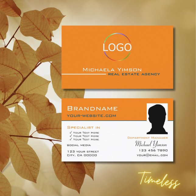 Chic Orange White with Logo and Photo Professional Business Card (Creator Uploaded)