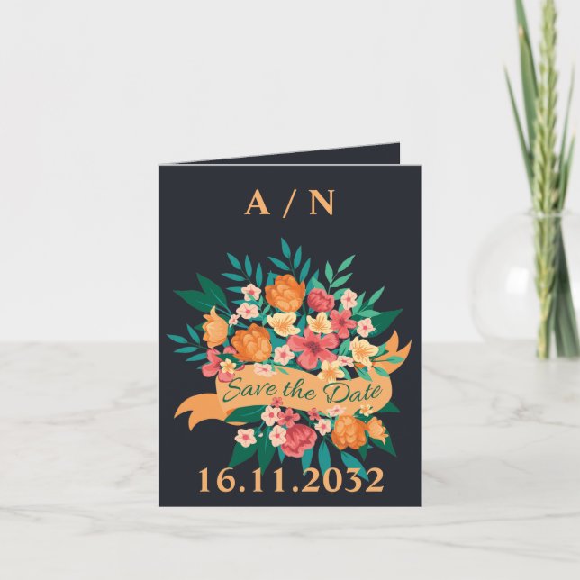 Chic Orange Yellow Florals Wedding Save the Date  Announcement (Front)