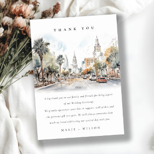 Chic Orlando Florida Skyline Watercolor Wedding Thank You Card