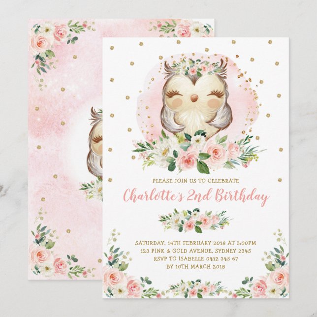 Chic Owl Blush Pink Gold Floral Girl Birthday Invitation (Front/Back)