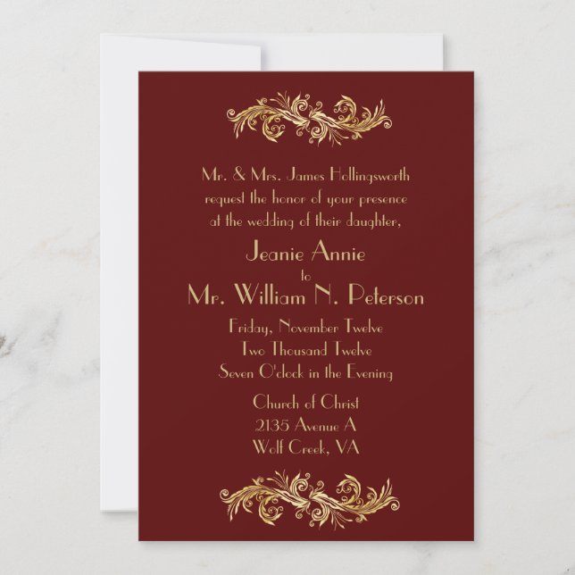 Chic Oxblood and Gold Wedding Invitation (Front)
