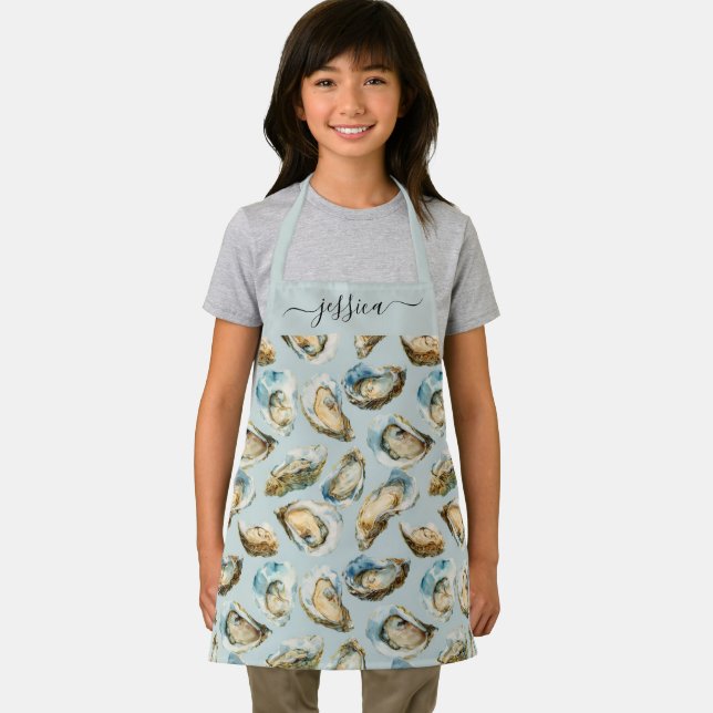 Chic oysters pattern script name kids apron (Insitu)