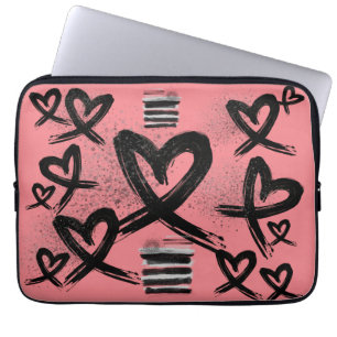 Chic Painted Black and Red Hearts Doodle Pattern Laptop Sleeve