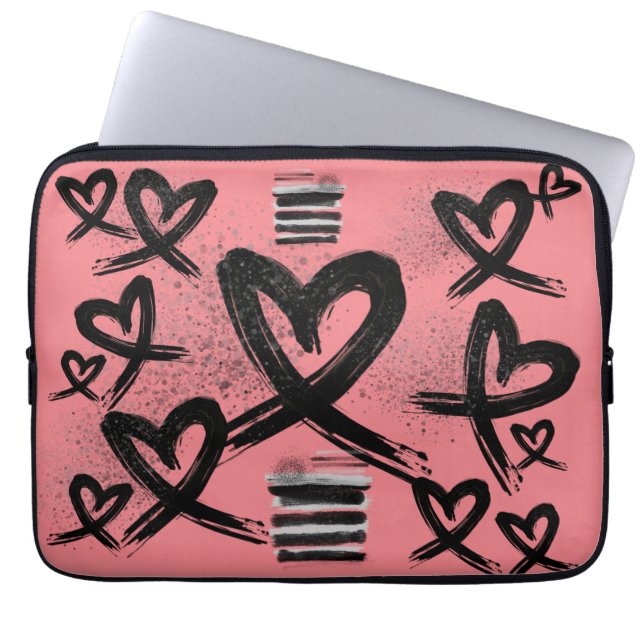 Chic Painted Black and Red Hearts Doodle Pattern Laptop Sleeve (Front)