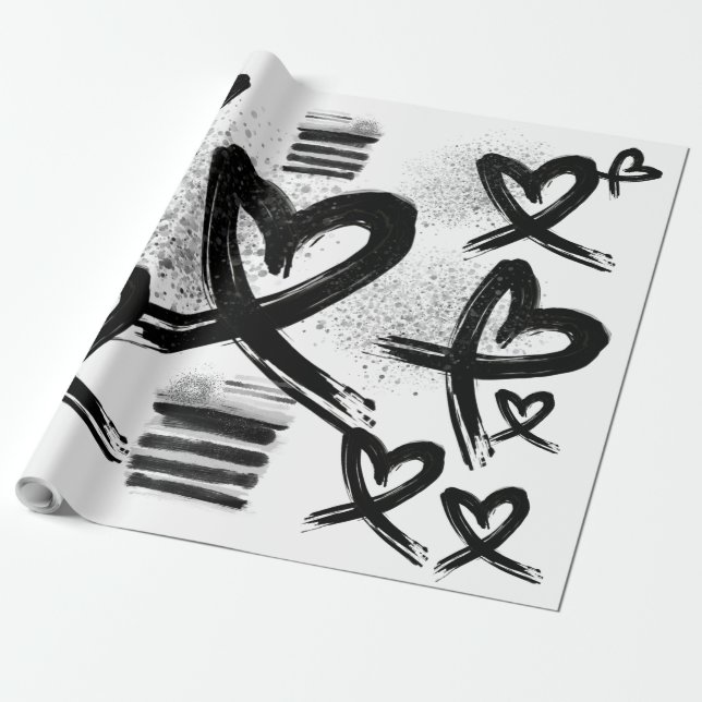 Chic Painted Black and White Hearts Pattern Wrapping Paper (Unrolled)