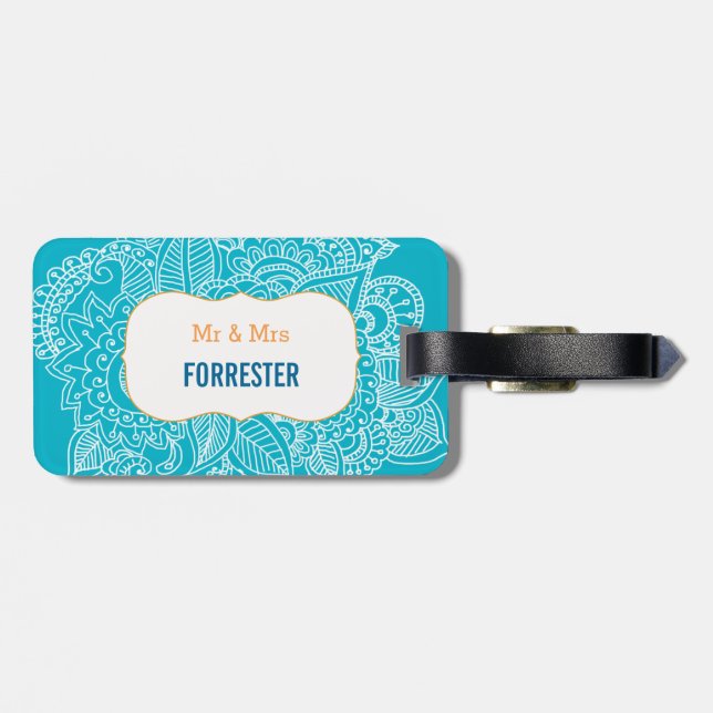 Chic Paisley Aqua Blue Mr & Mrs Luggage Tag (Back Horizontal)