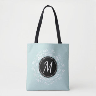 Chic Pale Blue Floral Wreath Custom Monogram Tote Bag