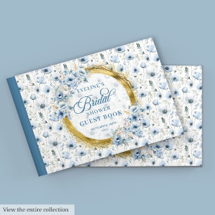 Chic Pale Blue Gold Wild Flowers Bridal Shower Guest Book