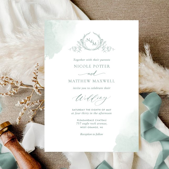 Chic Pale Green Watercolor Stains Monogram Wedding Invitation (Creator Uploaded)