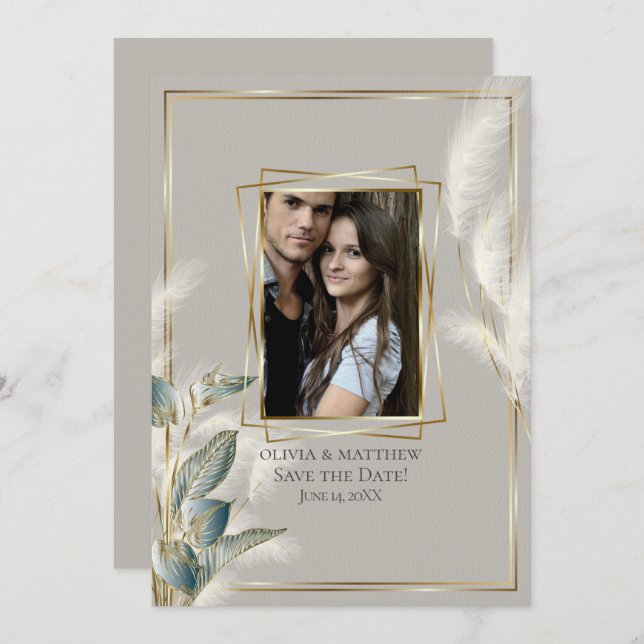 Chic Pampas Grass Photo Save the Date Invitation (Front/Back)