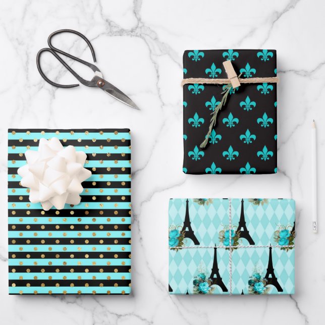 Chic Paris Aqua Blue, Black and Gold Wrapping Paper Sheet (Front)