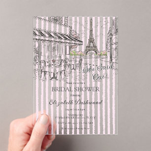 Chic Paris Cafe Pink White Stripes Bridal Shower Acrylic Invitations