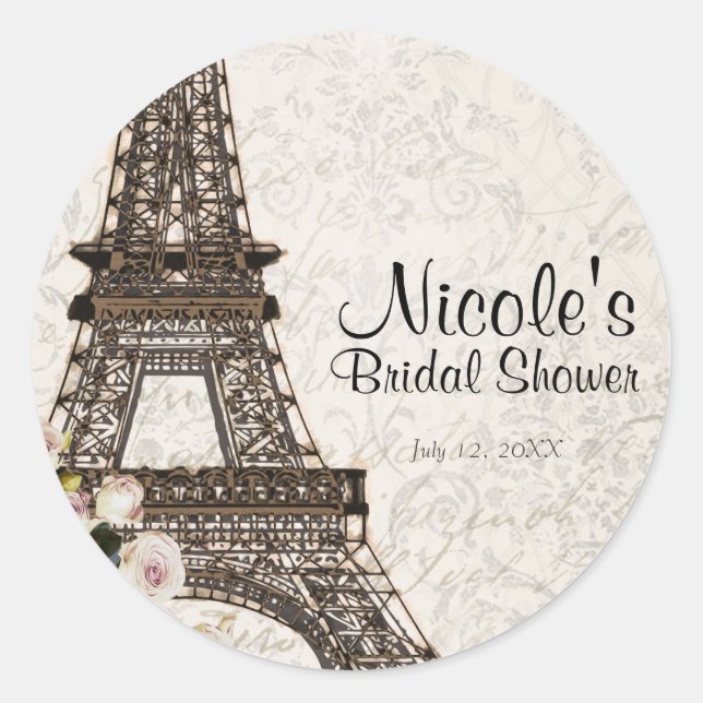 Chic Paris Eiffel Tower & Roses Elegant Favour Classic Round Sticker (Front)