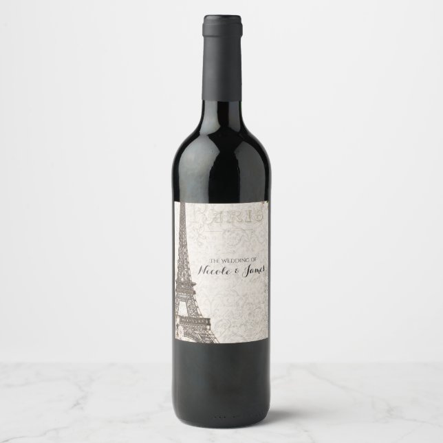 Chic Paris Eiffel Tower & Roses Elegant Wine Label (Front)