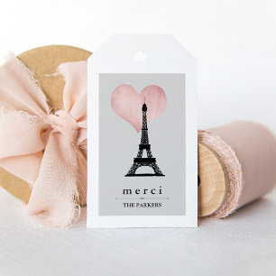 Chic Paris Eiffel Tower with Rose Gold Heart Merci Gift Tags