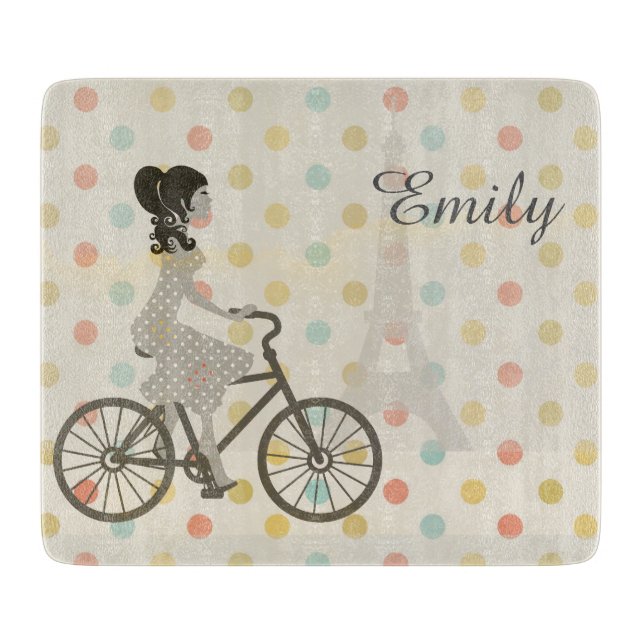 Chic Paris Girl Riding Bike Dotty Personalised Cutting Board (Front)