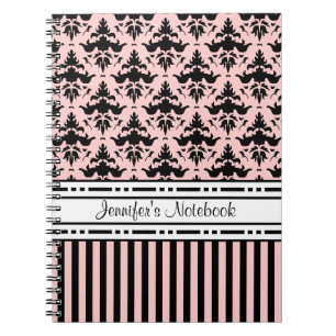 Chic Paris Pink and Black Damask and Stripes Spiral Notebook