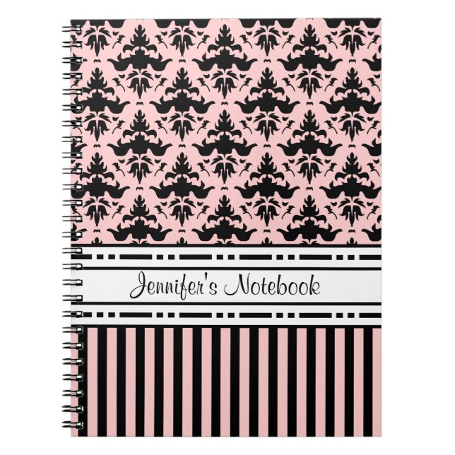 Chic Paris Pink and Black Damask and Stripes Spiral Notebook (Front)