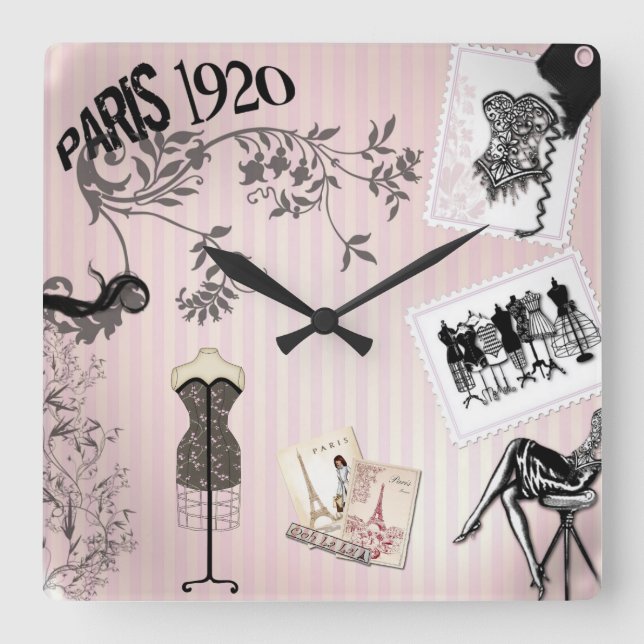 Chic Paris Vintage Fashion Square Wall Clock (Front)