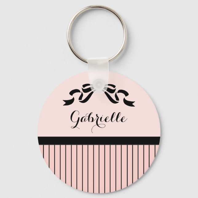 Chic Parisian Pink Pinstripes Black Bow and Name Key Ring (Front)