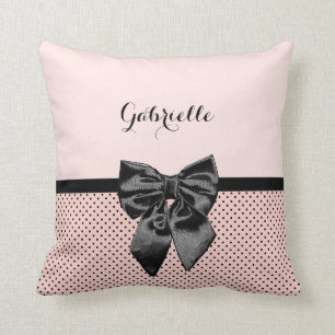 Chic Parisian Pink Polka Dots Black Bow and Name Cushion
