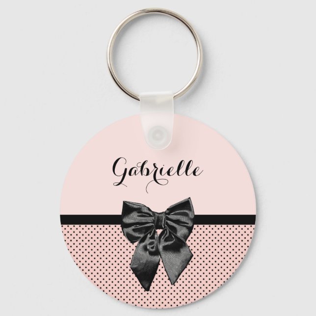 Chic Parisian Pink Polka Dots Black Bow and Name Key Ring (Front)