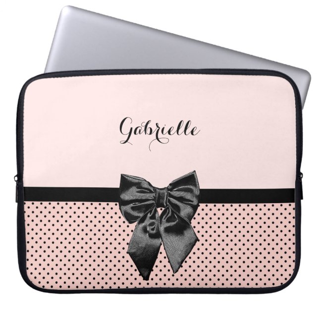 Chic Parisian Pink Polka Dots Black Bow and Name Laptop Sleeve (Front)