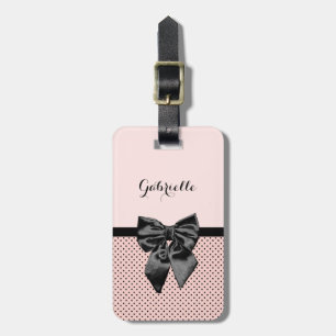 Chic Parisian Pink Polka Dots Black Bow and Name Luggage Tag