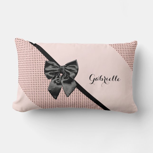 Chic Parisian Pink Polka Dots Black Bow and Name Lumbar Cushion (Front)