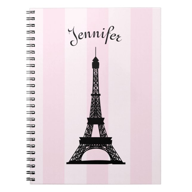 Chic Parisian Pink Stripe Black Eiffel Tower Notebook (Front)