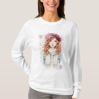 Chic Parisian Style Beret Girl Floral Fashion Tee