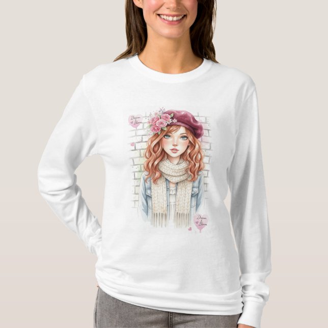Chic Parisian Style Beret Girl Floral Fashion Tee (Front)