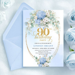 Chic Pastel Blue Floral 90th Birthday Invitation