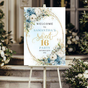 Chic Pastel Blue Greenery Sweet 16 Poster