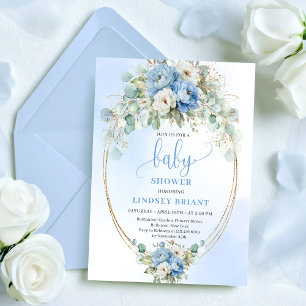 Chic Pastel Blue Peony Eucalyptus Gold Baby Shower Invitation