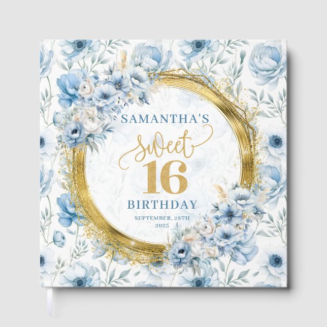 Chic Pastel Blue Sweet 16 Guest Book with Sparkles (Front)
