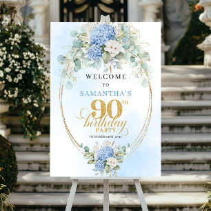 Chic Pastel Blue Watercolor 90th Birthday Welcome Poster