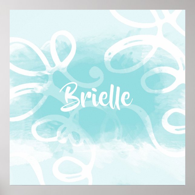 Chic Pastel Blue Watercolor Swirls With Name Poster (Front)