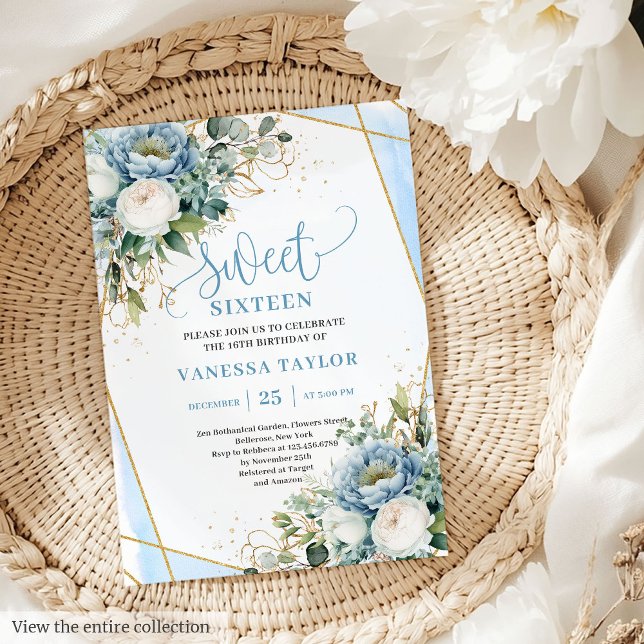 Chic Pastel Blue White Gold Flowers Sweet 16  Invitation (Chic Pastel Blue White Gold Flowers Sweet 16 Invitation)