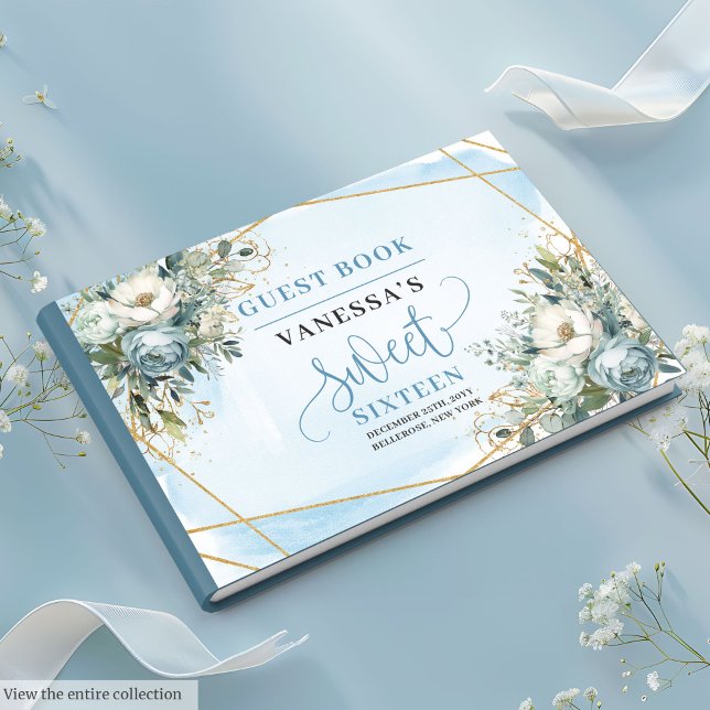 Chic Pastel Blue White Gold Flowers Sweet Sixteen  Guest Book (Chic Pastel Blue White Gold Flowers Sweet Sixteen Guest Book)