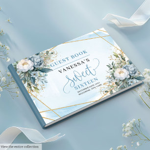 Chic Pastel Blue White Gold Flowers Sweet Sweet Guest Book